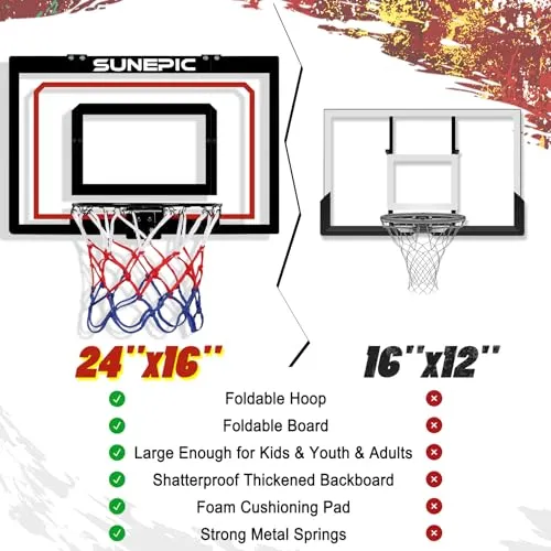 Basketball Hoop Indoor, Mini Foldable Basketball Hoop for Kids Adults, 24’’x16’’ Portable Basketball Wall Mount Hoops & Goals, Over The Door Toddler Basketball Hoop for Outdoor (Foldable Backboard)