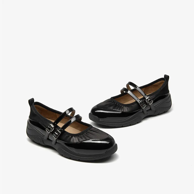BeauToday Elegant Cow Leather Marry Janes Flats with Pleated Design for Women