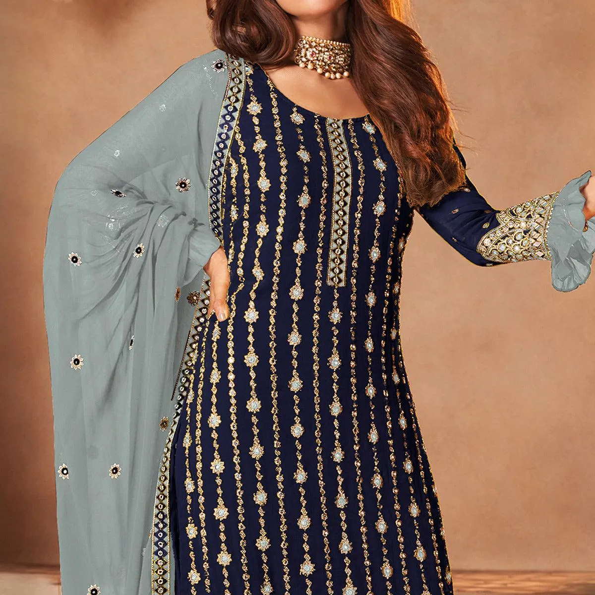 Blue Partywear Sequins Embroidered Georgette Palazzo Suit