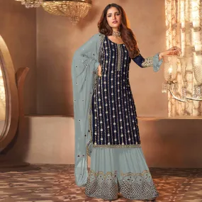 Blue Partywear Sequins Embroidered Georgette Palazzo Suit