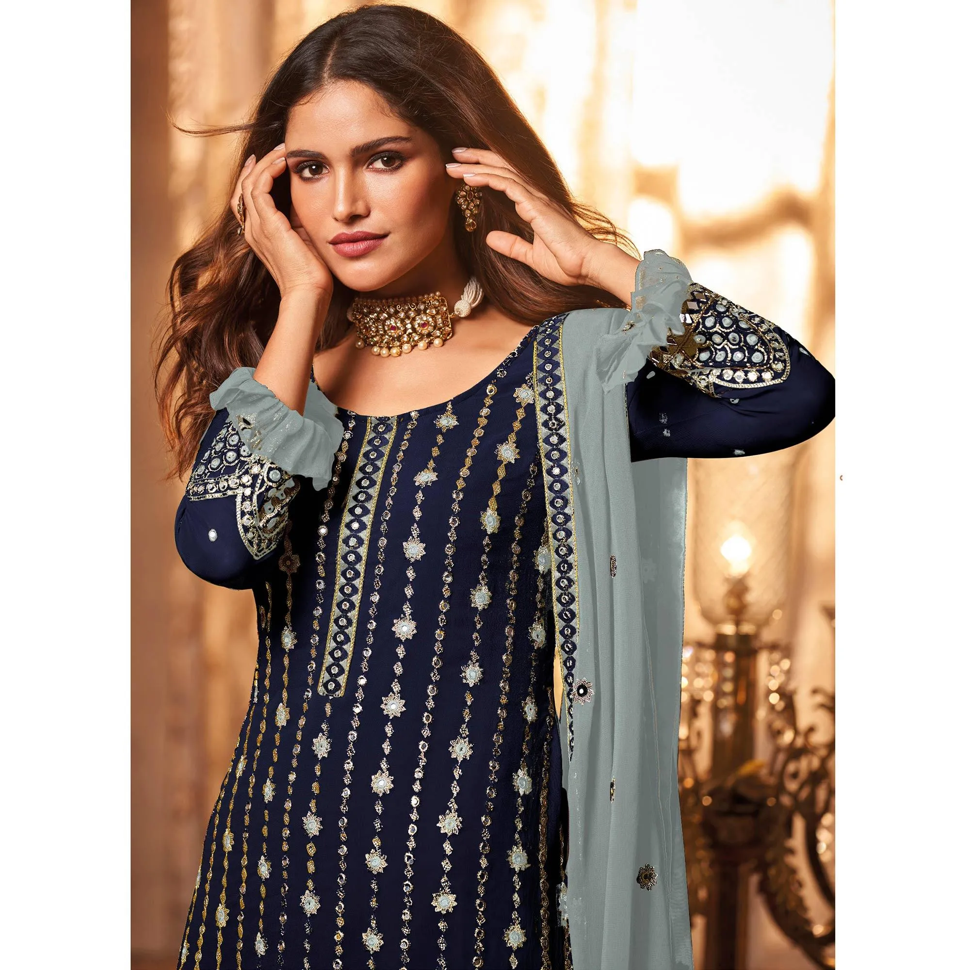 Blue Partywear Sequins Embroidered Georgette Palazzo Suit