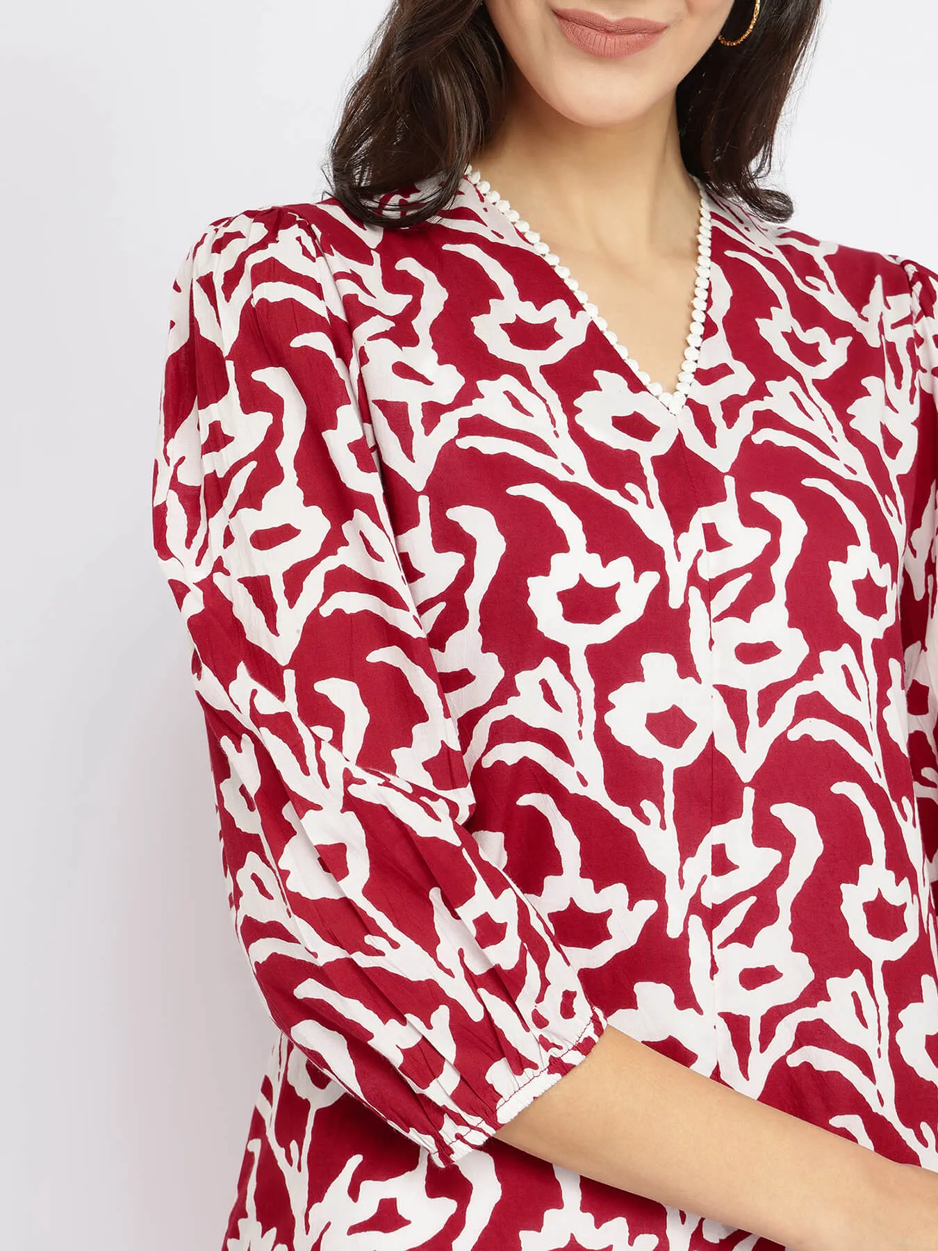 Cotton Floral V-Neck Dress - Red & White
