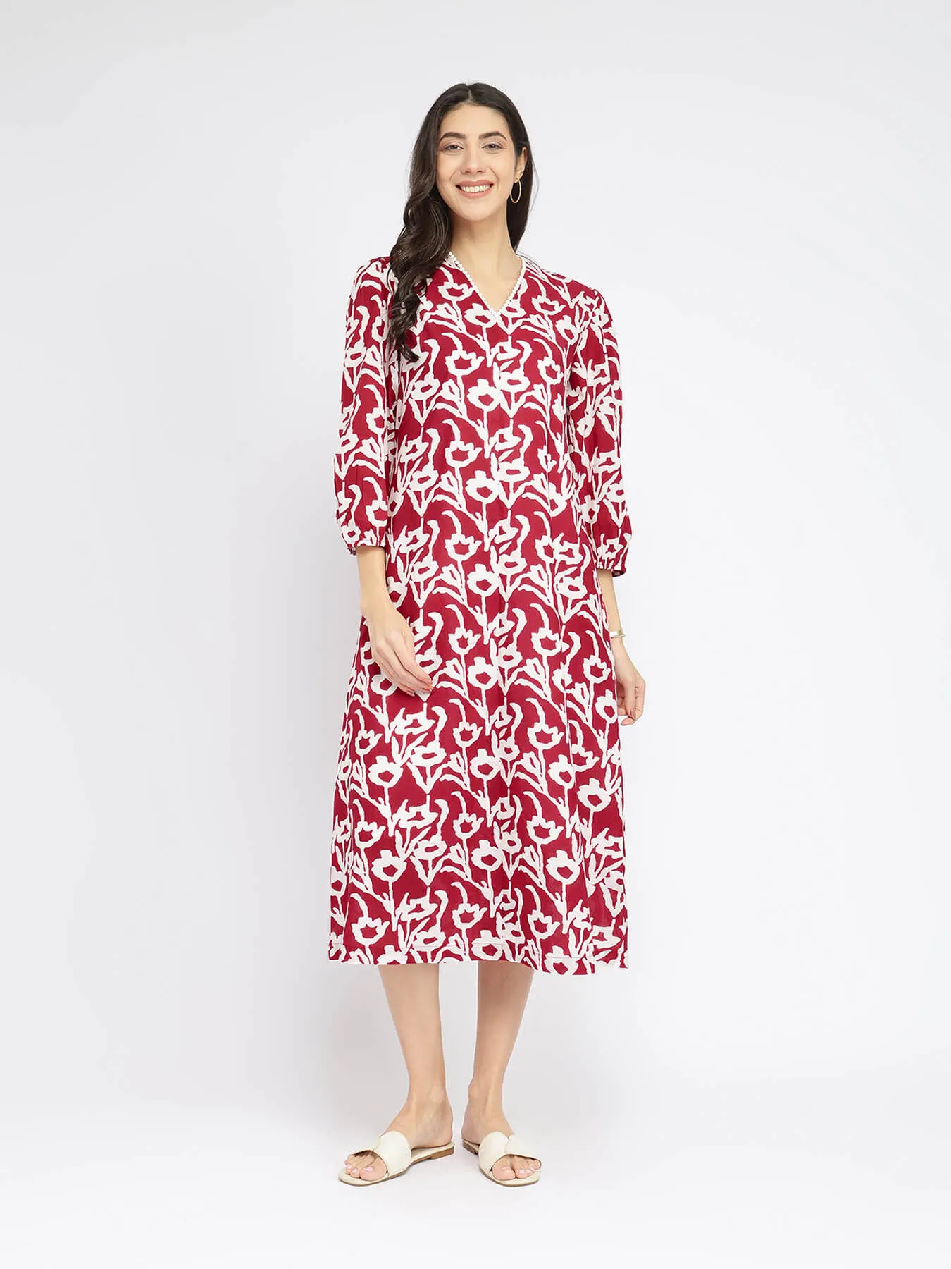 Cotton Floral V-Neck Dress - Red & White