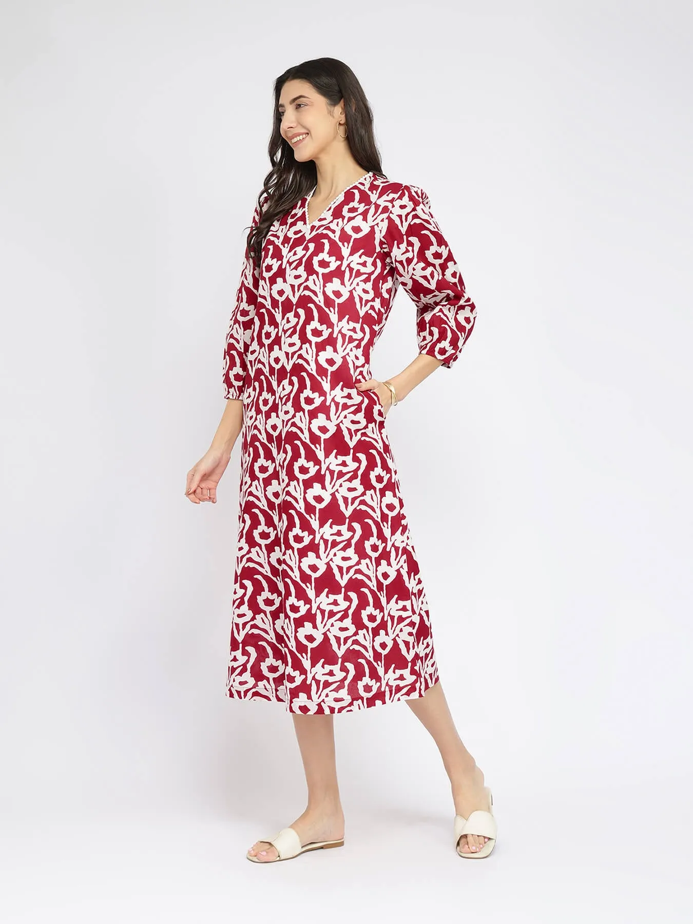 Cotton Floral V-Neck Dress - Red & White