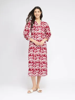 Cotton Floral V-Neck Dress - Red & White