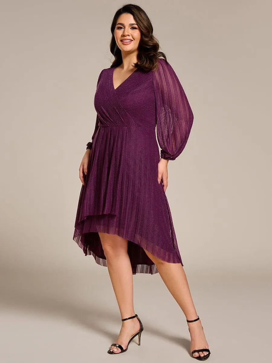 Glow Laura | Plus Size Pleated Long Sleeve V-Neck Midi Glitter Wedding Guest Dress