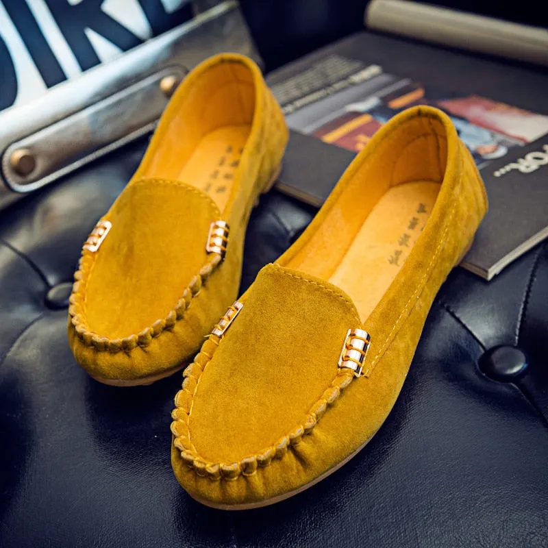 Plus Size 35-43 Women Flats Faux Suede Slip on Flat Shoes Woman Loafers Metal Boat Shoes Soft Female Shoes Black zapatos mujer