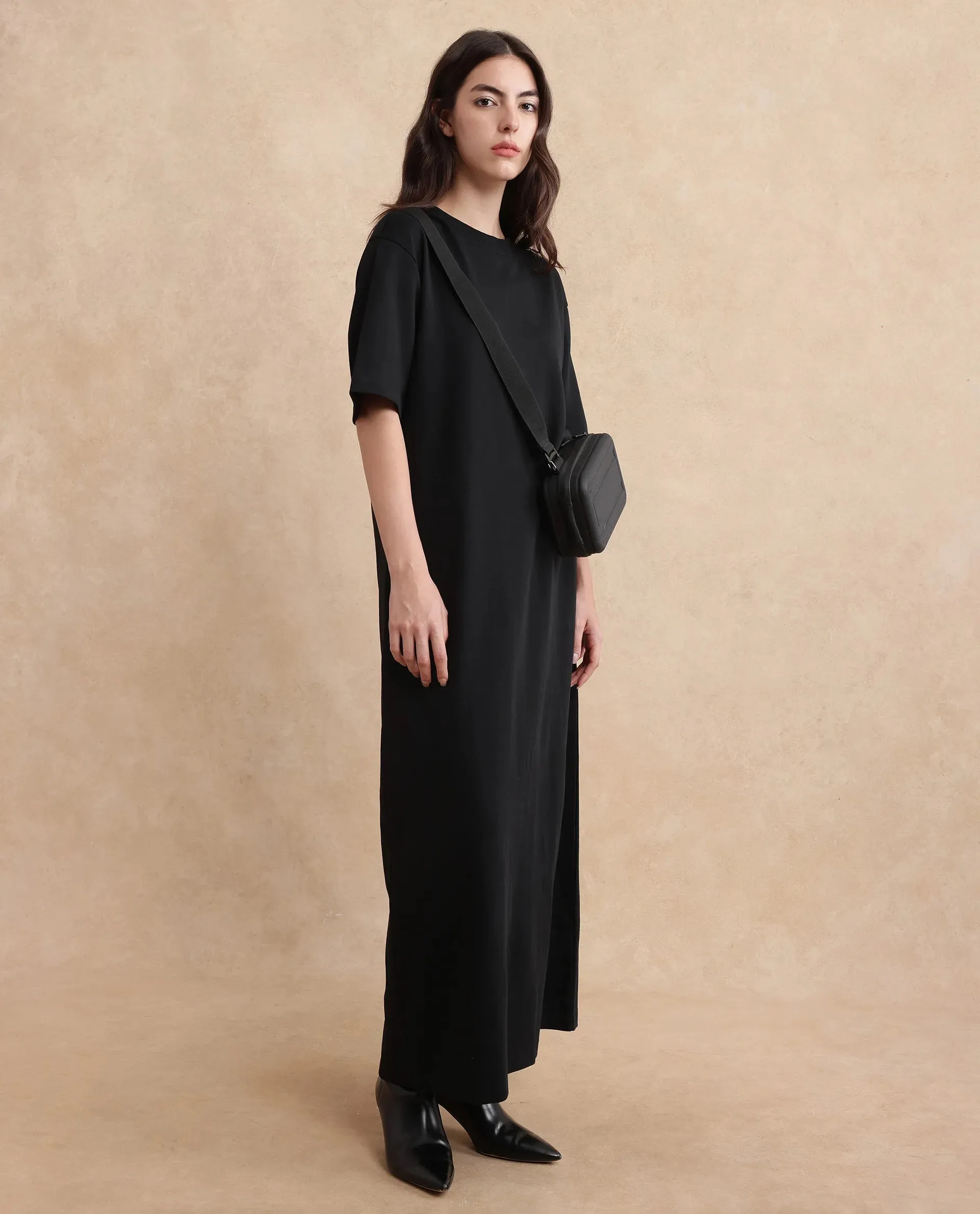 Rareism Women Afrinca Black Cotton Polyester Fabric Plain Dress