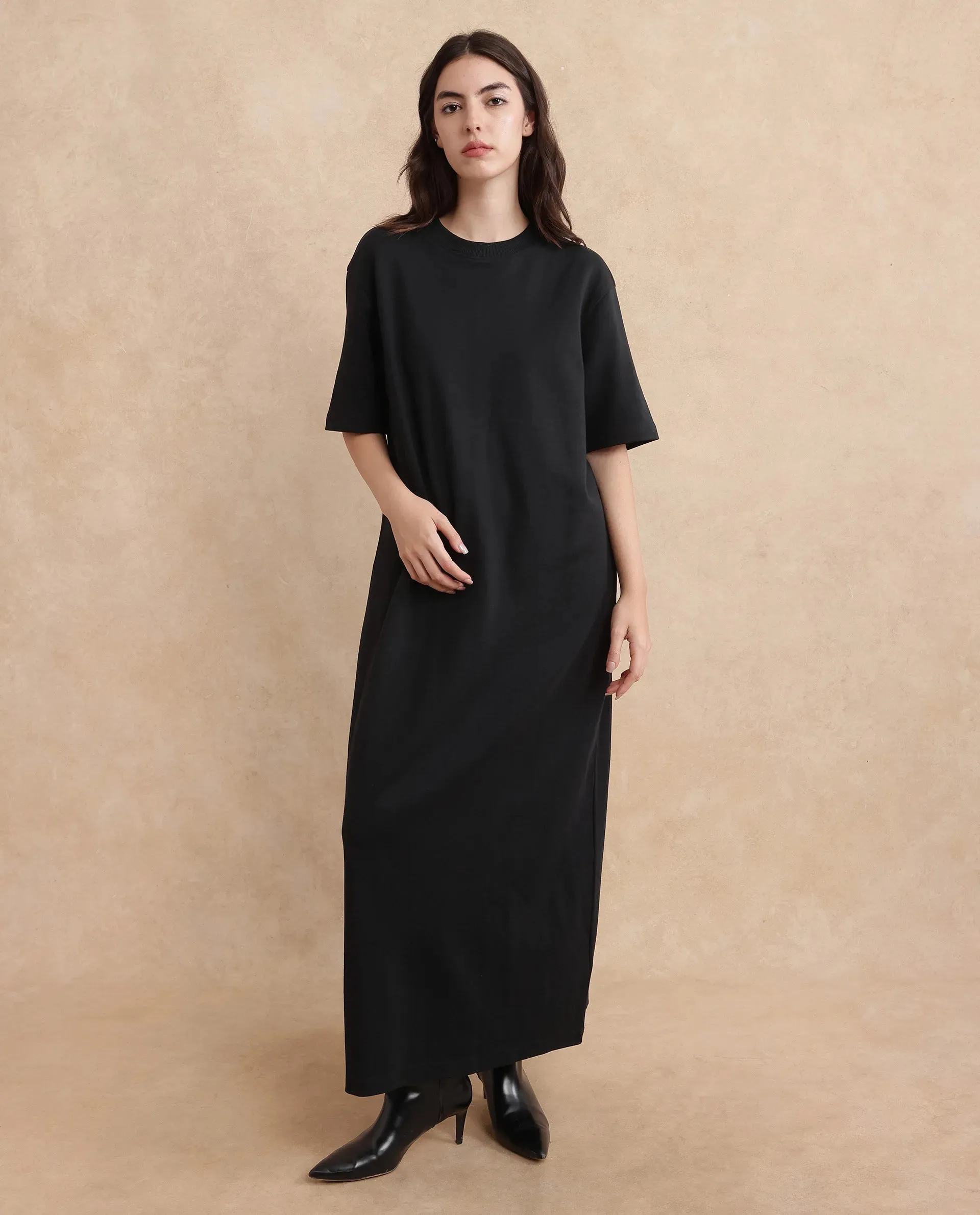 Rareism Women Afrinca Black Cotton Polyester Fabric Plain Dress