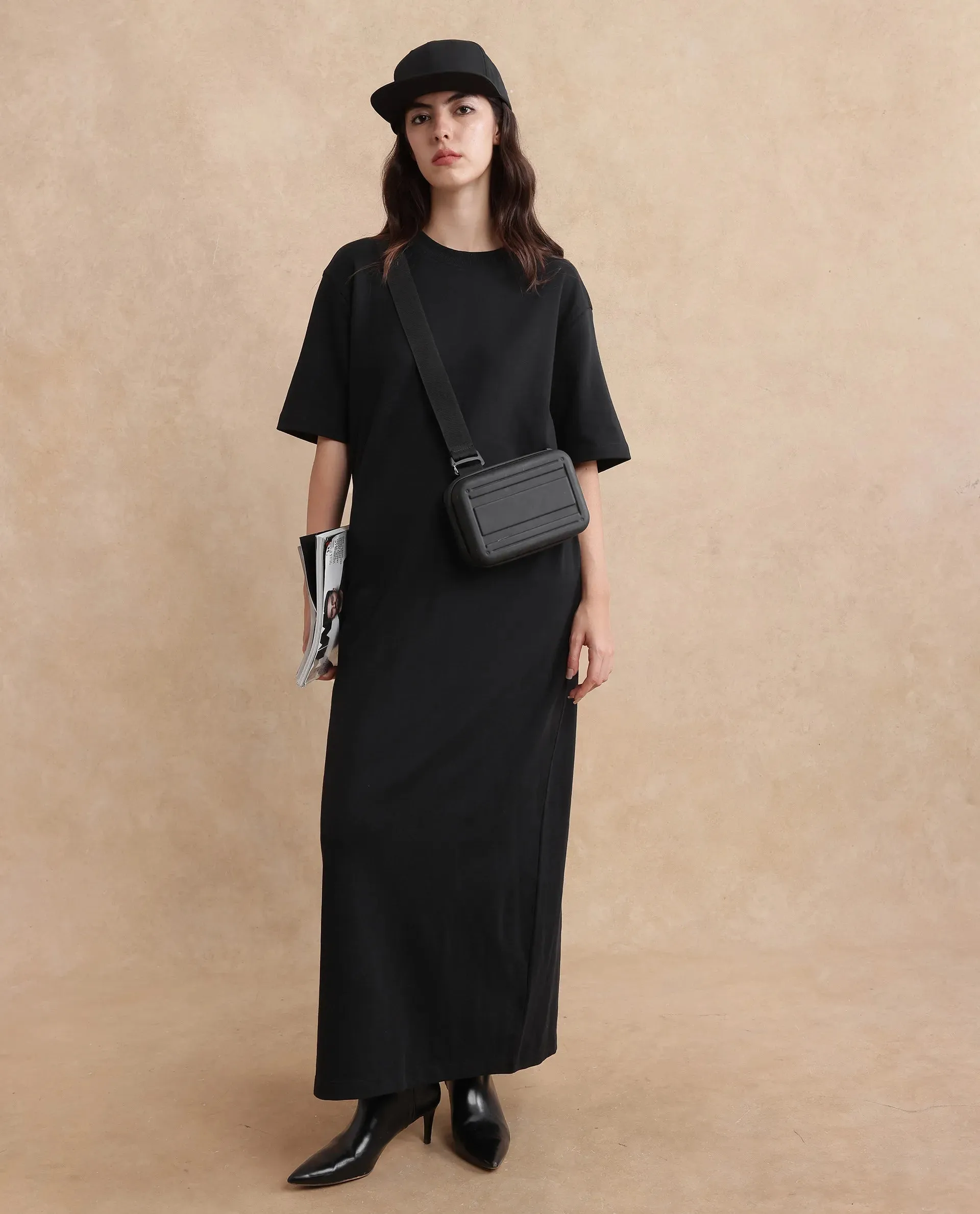 Rareism Women Afrinca Black Cotton Polyester Fabric Plain Dress