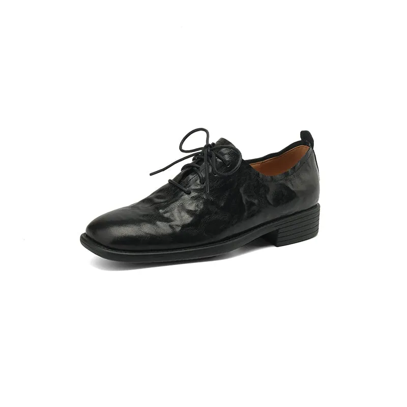Retro Lace-Up Handmade Soft Leather Round Toe Oxford Shoes in Black/Brown
