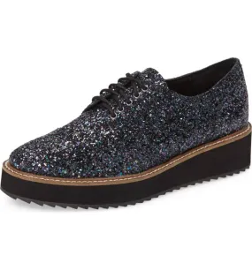 Shellys London Emma Black Glitter Leather Casual Oxfords Wedge Heeled Lace Up