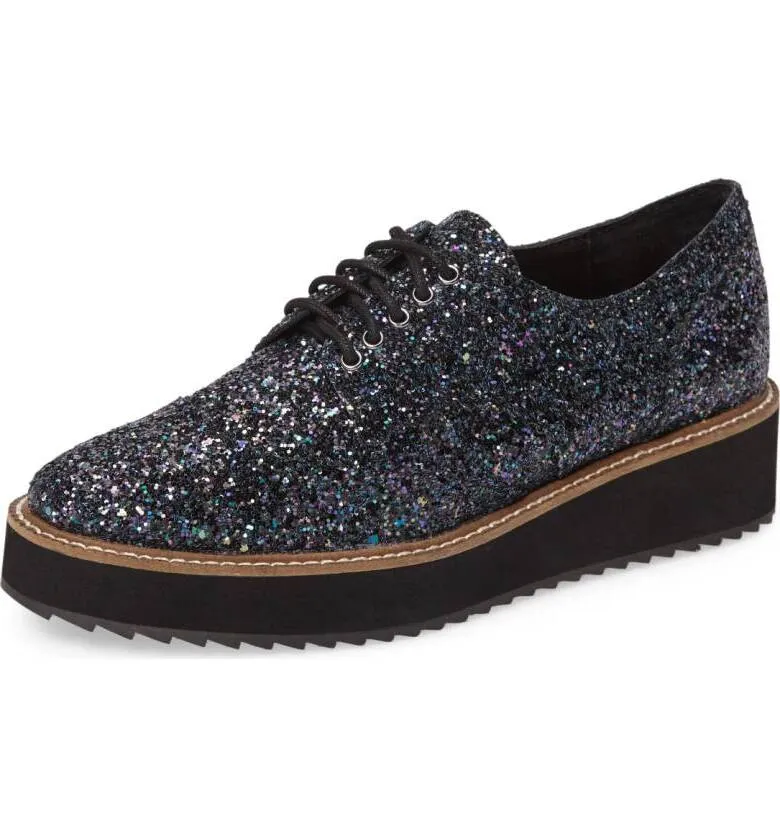 Shellys London Emma Black Glitter Leather Casual Oxfords Wedge Heeled Lace Up