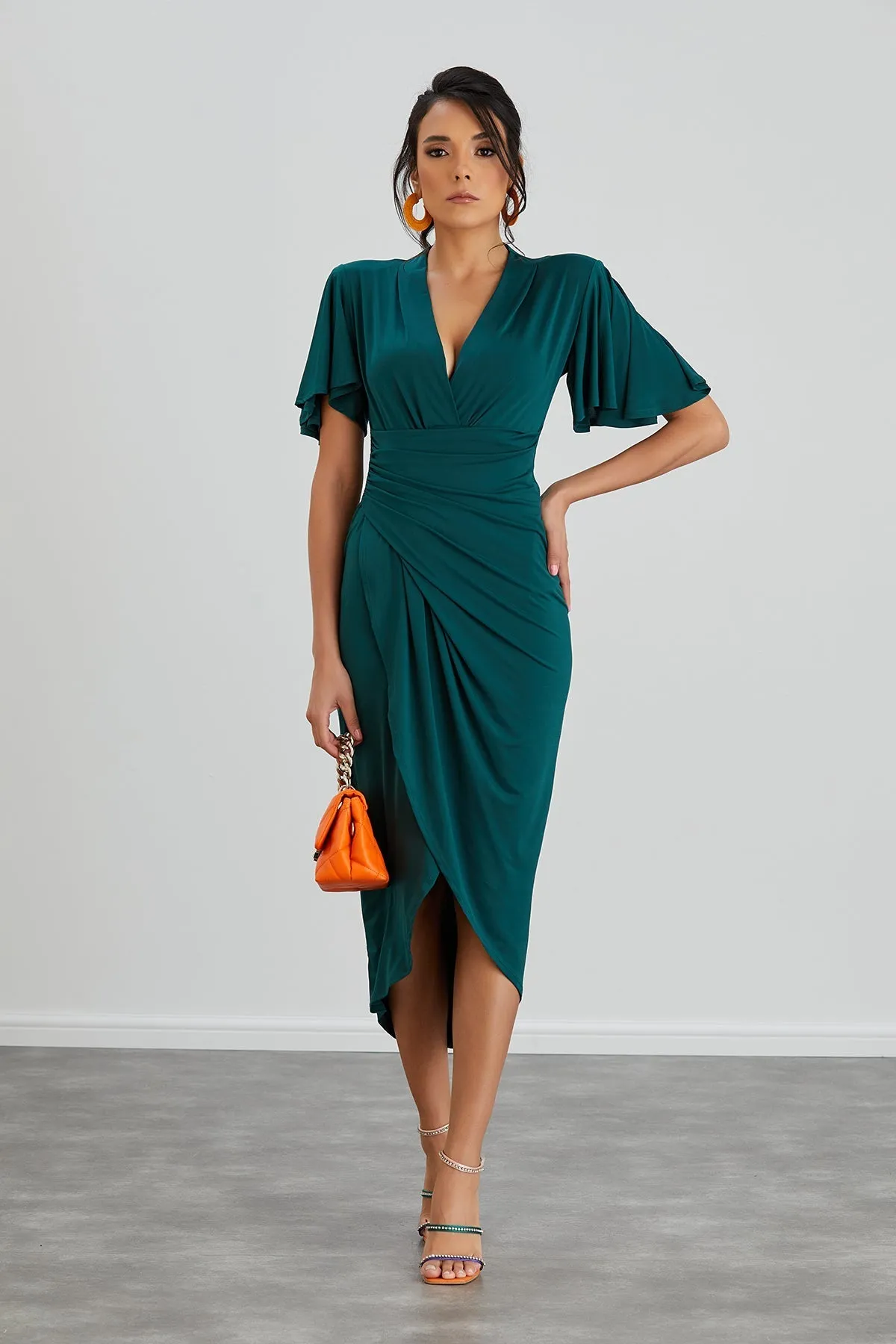 Timeless Angel Sleeve Wrap Dress in Dark Green