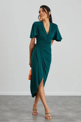 Timeless Angel Sleeve Wrap Dress in Dark Green