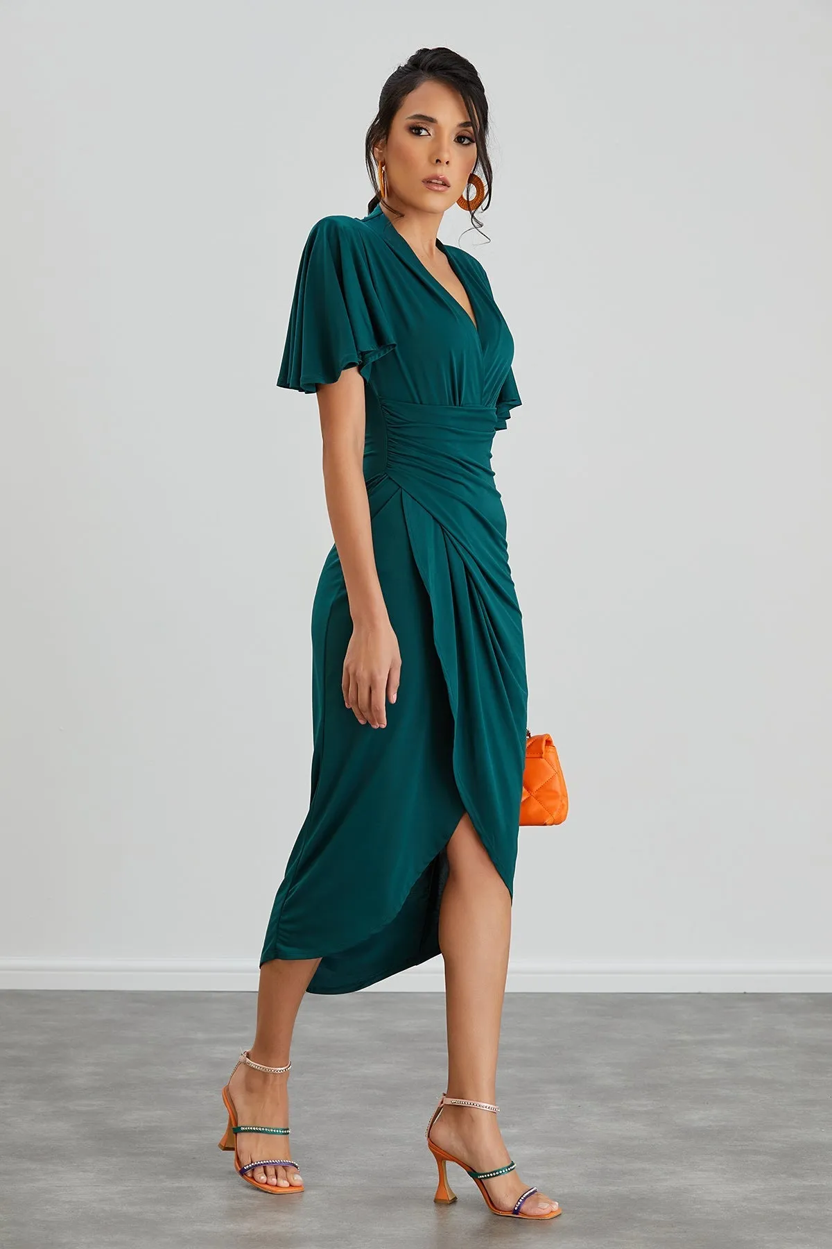 Timeless Angel Sleeve Wrap Dress in Dark Green