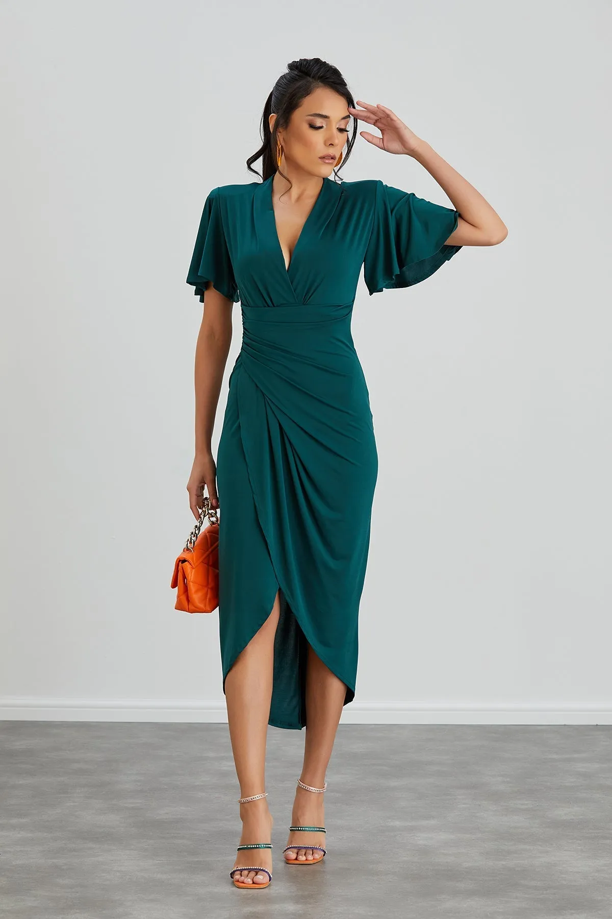 Timeless Angel Sleeve Wrap Dress in Dark Green