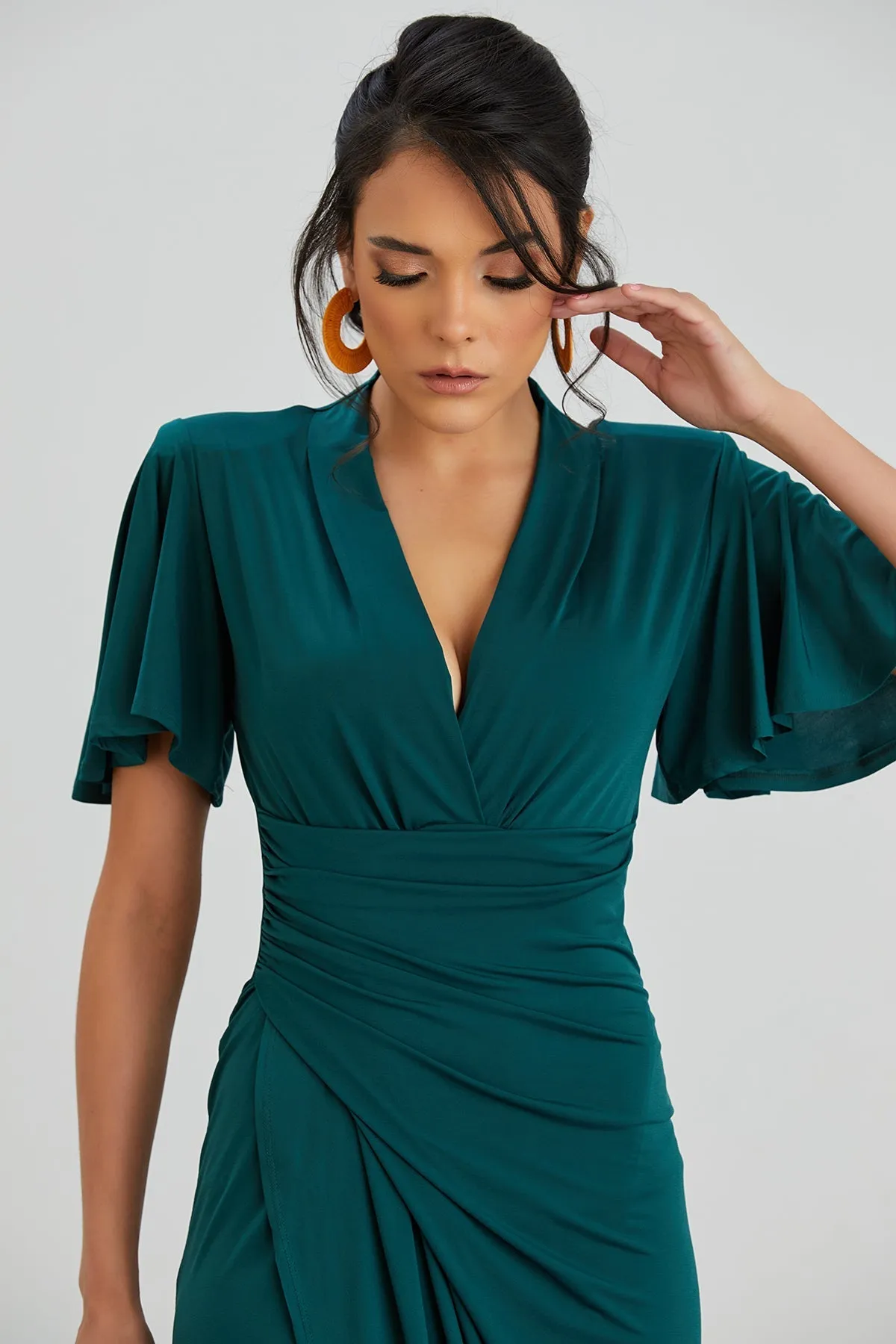 Timeless Angel Sleeve Wrap Dress in Dark Green