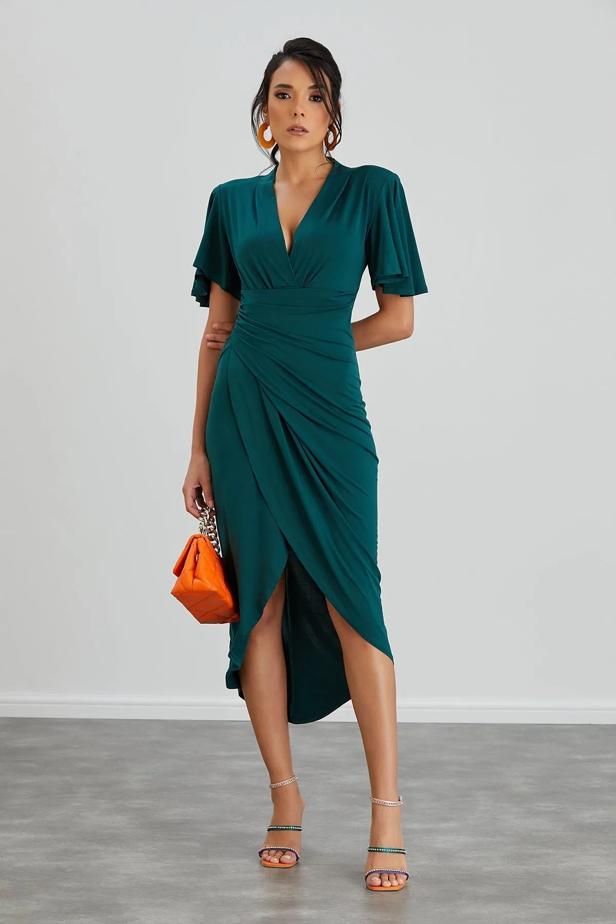 Timeless Angel Sleeve Wrap Dress in Dark Green