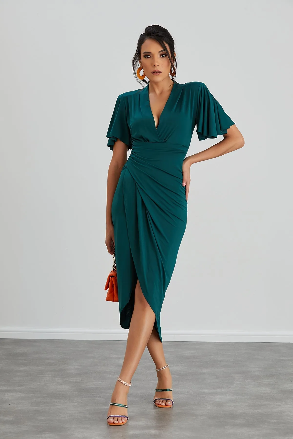 Timeless Angel Sleeve Wrap Dress in Dark Green