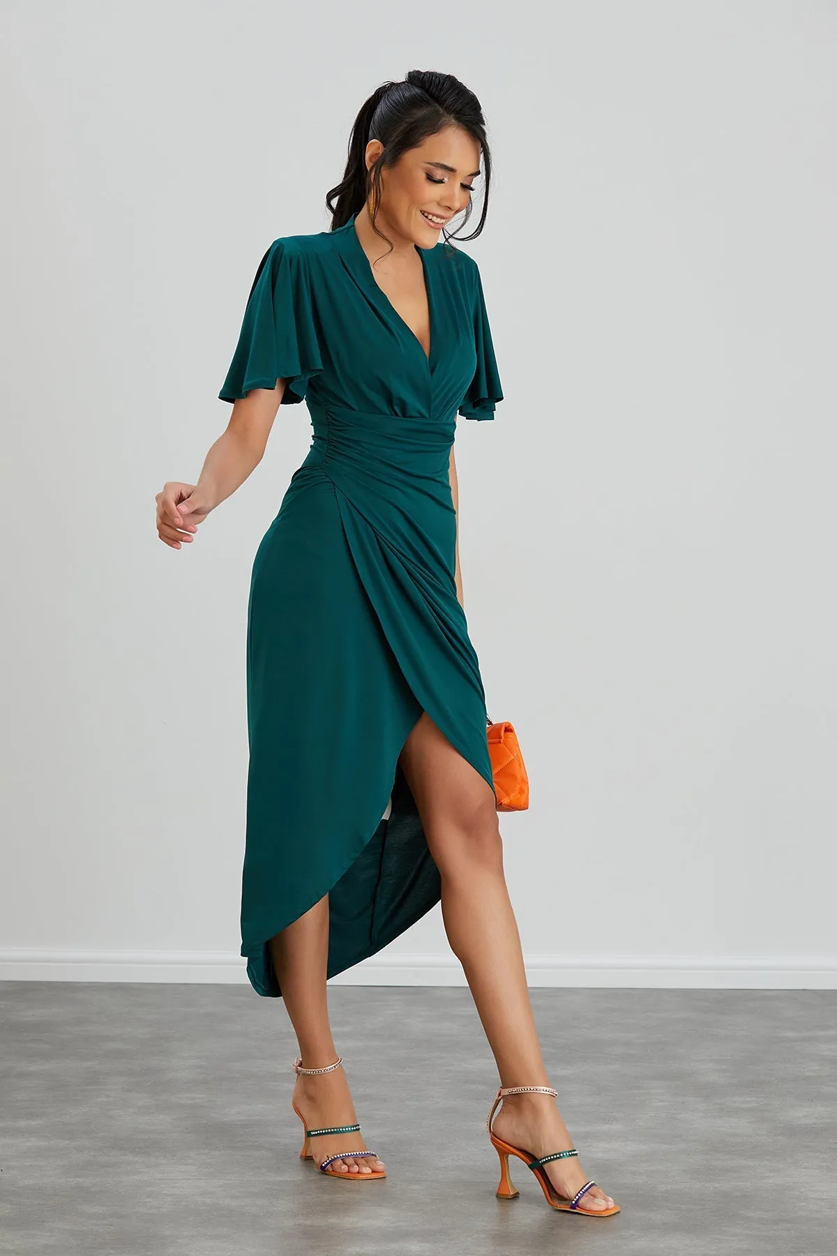 Timeless Angel Sleeve Wrap Dress in Dark Green