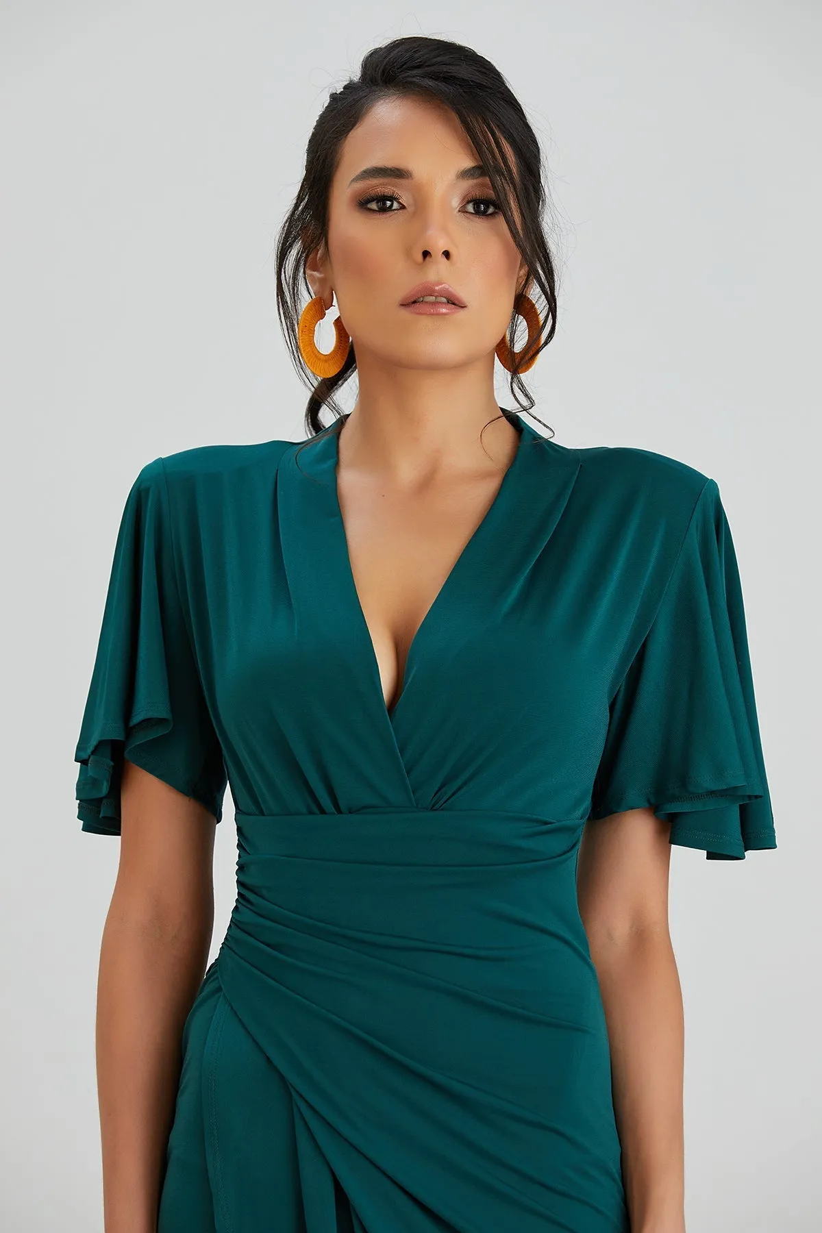Timeless Angel Sleeve Wrap Dress in Dark Green