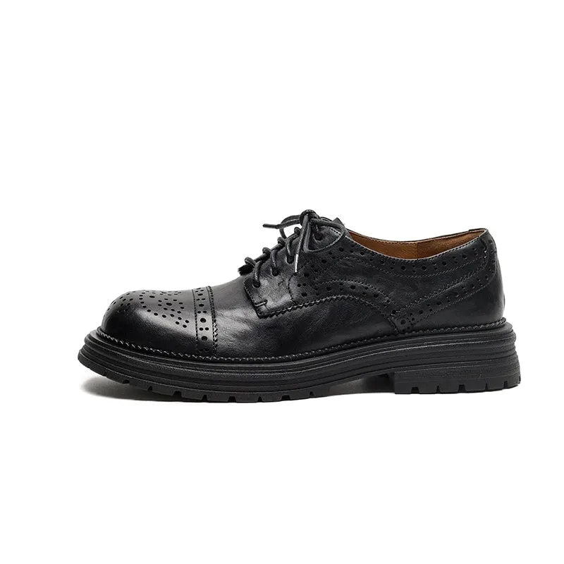 Vintage British Brogue Shoes - Round Toe Low-Heel Lace-Up Oxfords Black/Brown