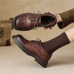 Vintage British Brogue Shoes - Round Toe Low-Heel Lace-Up Oxfords Black/Brown
