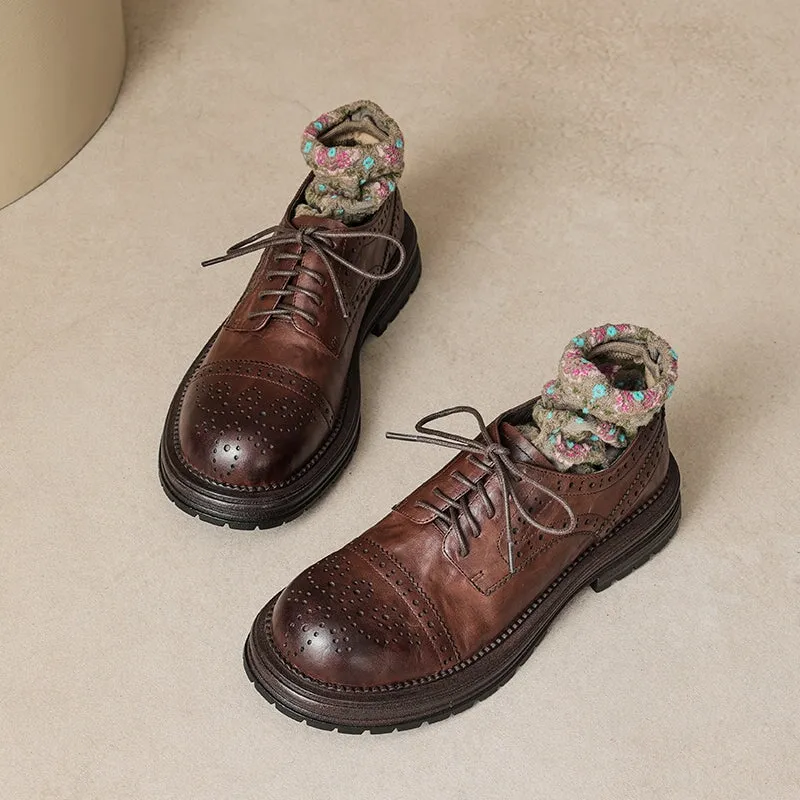 Vintage British Brogue Shoes - Round Toe Low-Heel Lace-Up Oxfords Black/Brown