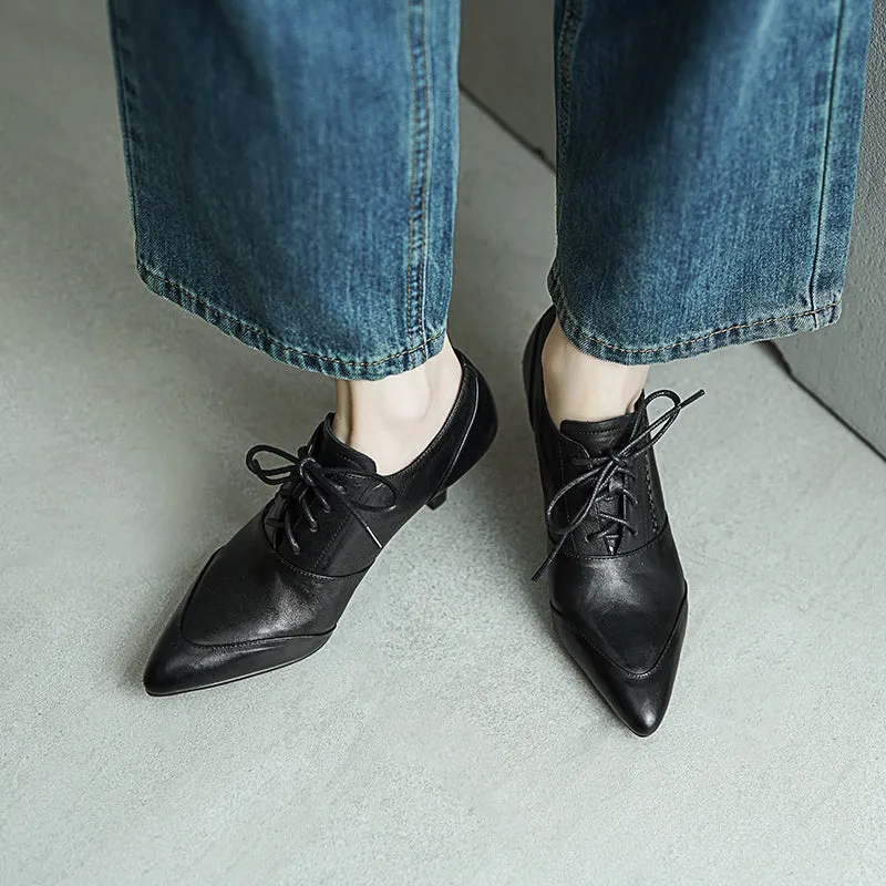 Vintage British Style Pointed Toe Lace-Up 650mm Kitten Heel Oxfords Black/Red