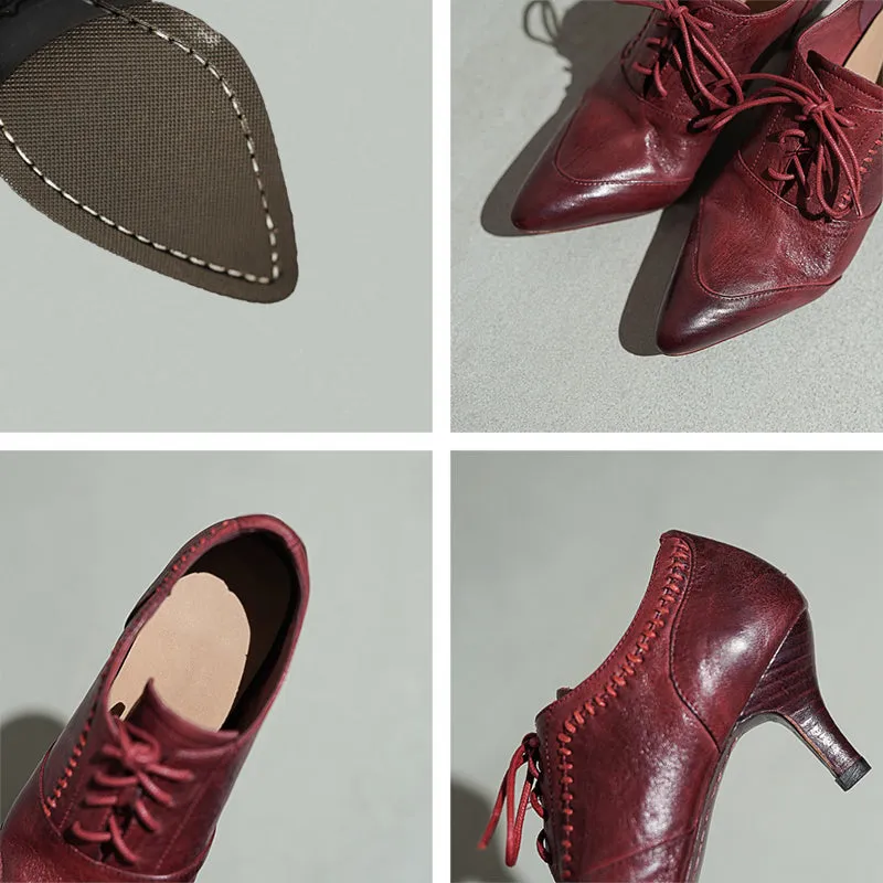 Vintage British Style Pointed Toe Lace-Up 650mm Kitten Heel Oxfords Black/Red