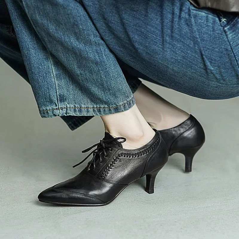 Vintage British Style Pointed Toe Lace-Up 650mm Kitten Heel Oxfords Black/Red