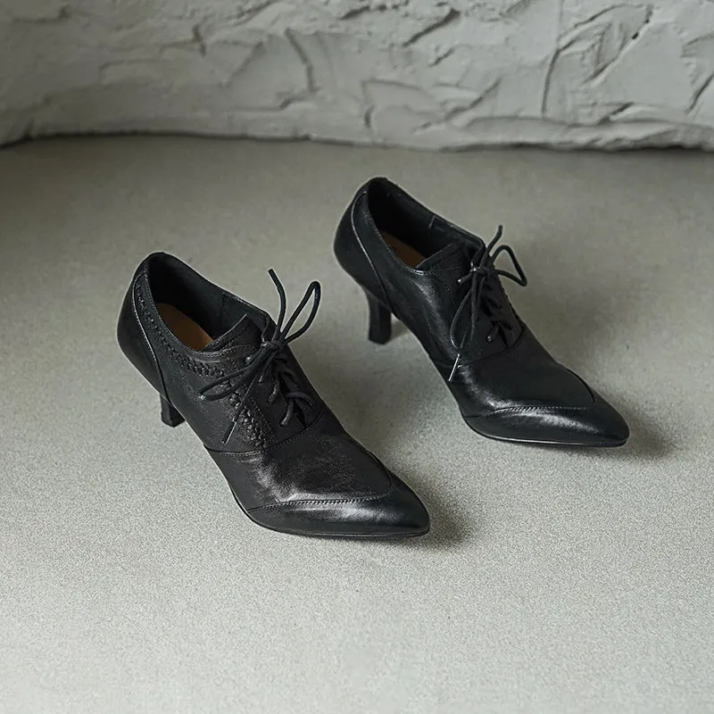 Vintage British Style Pointed Toe Lace-Up 650mm Kitten Heel Oxfords Black/Red