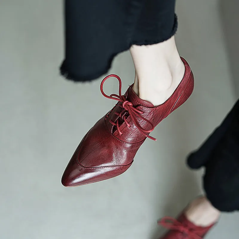 Vintage British Style Pointed Toe Lace-Up 650mm Kitten Heel Oxfords Black/Red