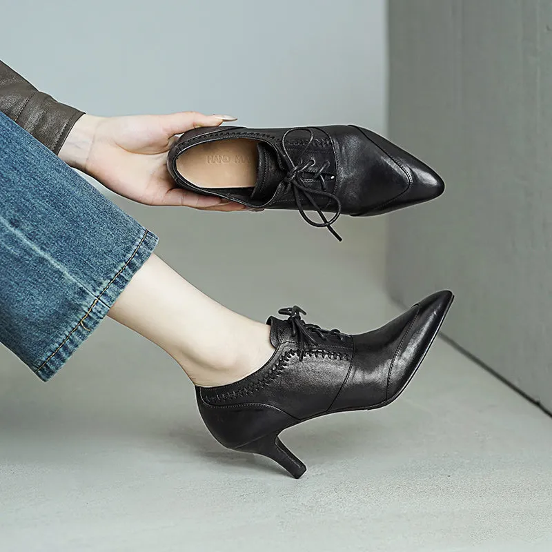 Vintage British Style Pointed Toe Lace-Up 650mm Kitten Heel Oxfords Black/Red