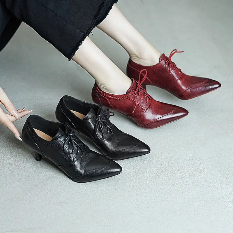 Vintage British Style Pointed Toe Lace-Up 650mm Kitten Heel Oxfords Black/Red