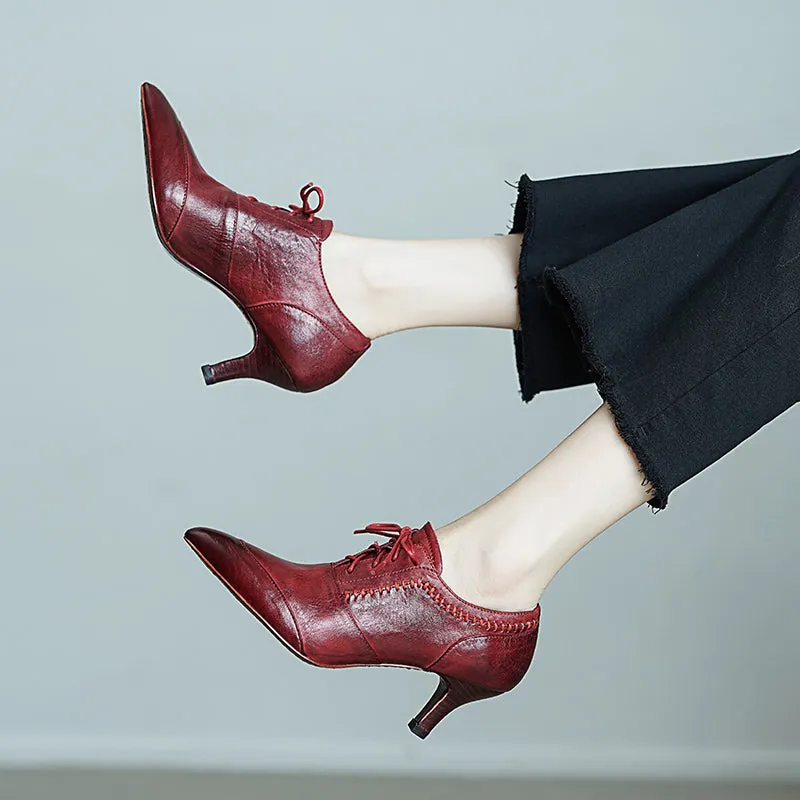 Vintage British Style Pointed Toe Lace-Up 650mm Kitten Heel Oxfords Black/Red