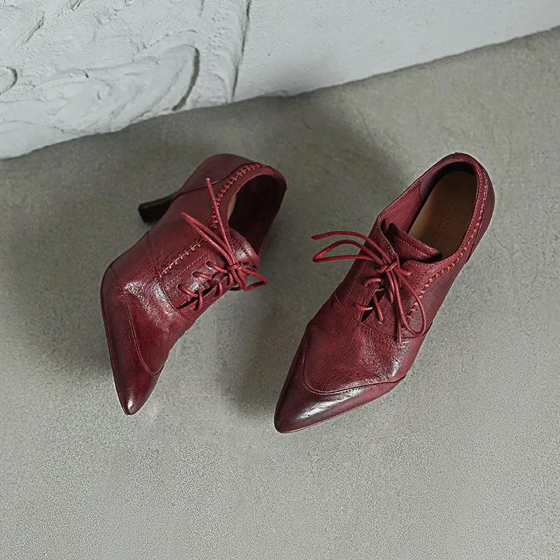 Vintage British Style Pointed Toe Lace-Up 650mm Kitten Heel Oxfords Black/Red