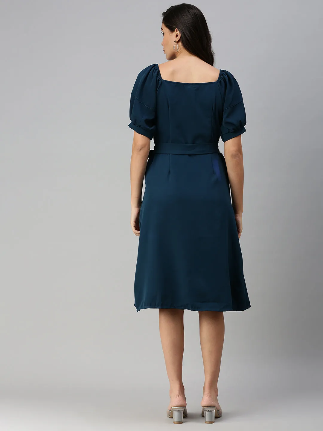 Women Off-Shoulder Solid A-Line Teal Dress