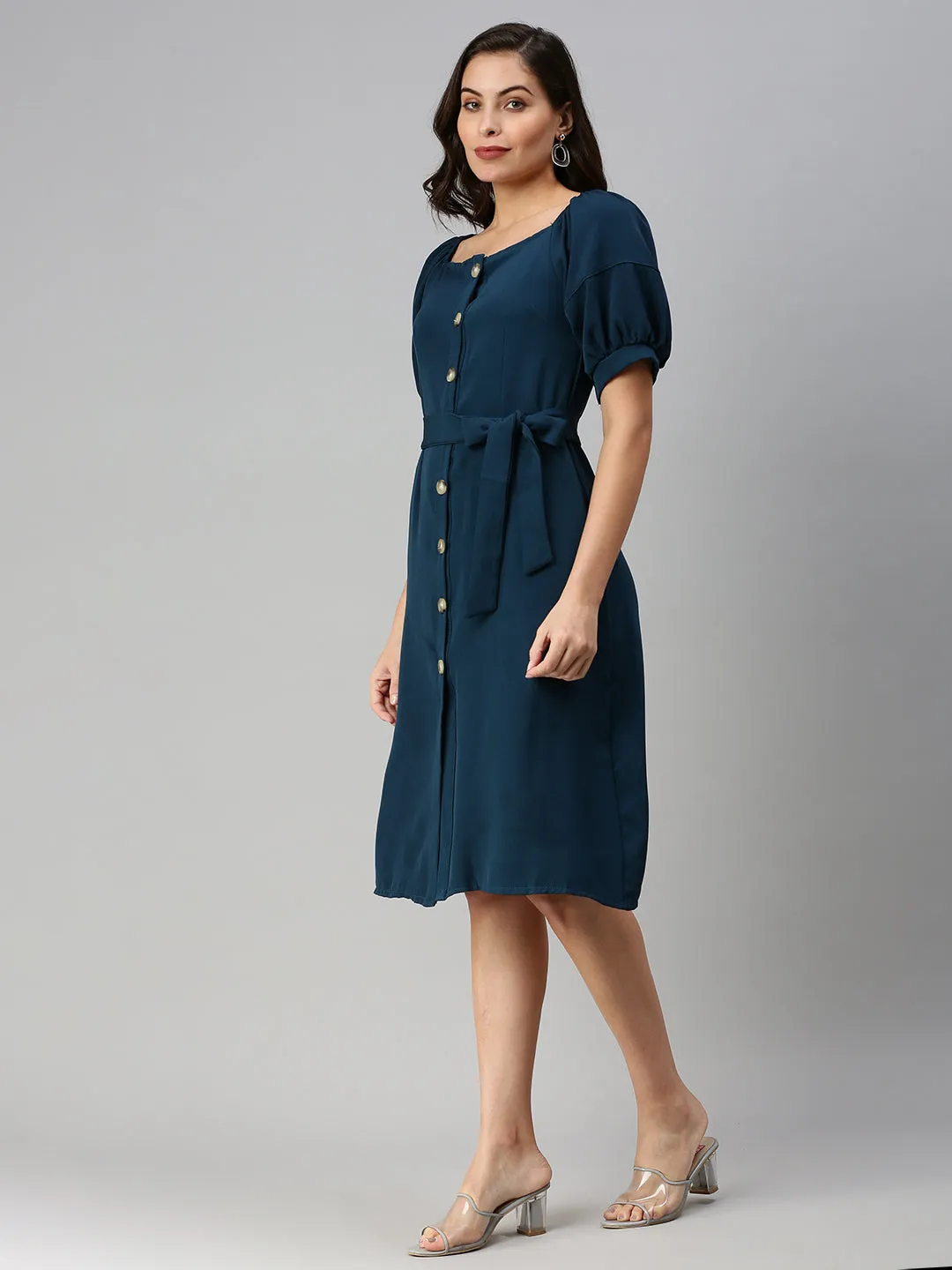 Women Off-Shoulder Solid A-Line Teal Dress