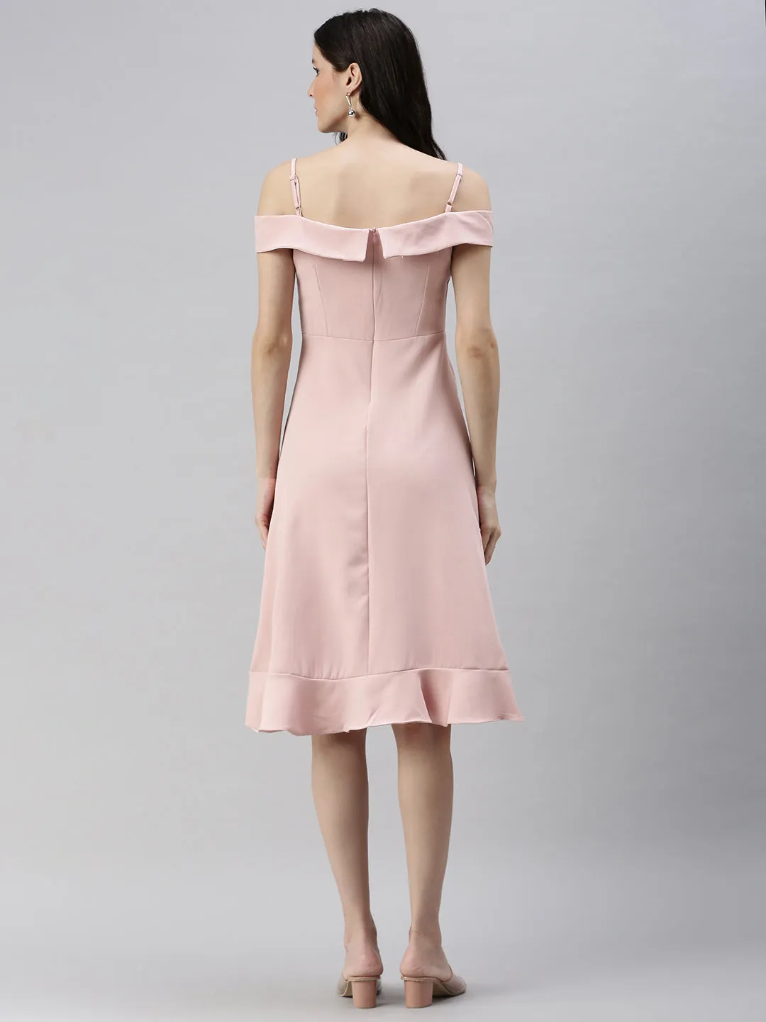 Women Shoulder Straps Solid A-Line Pink Dress