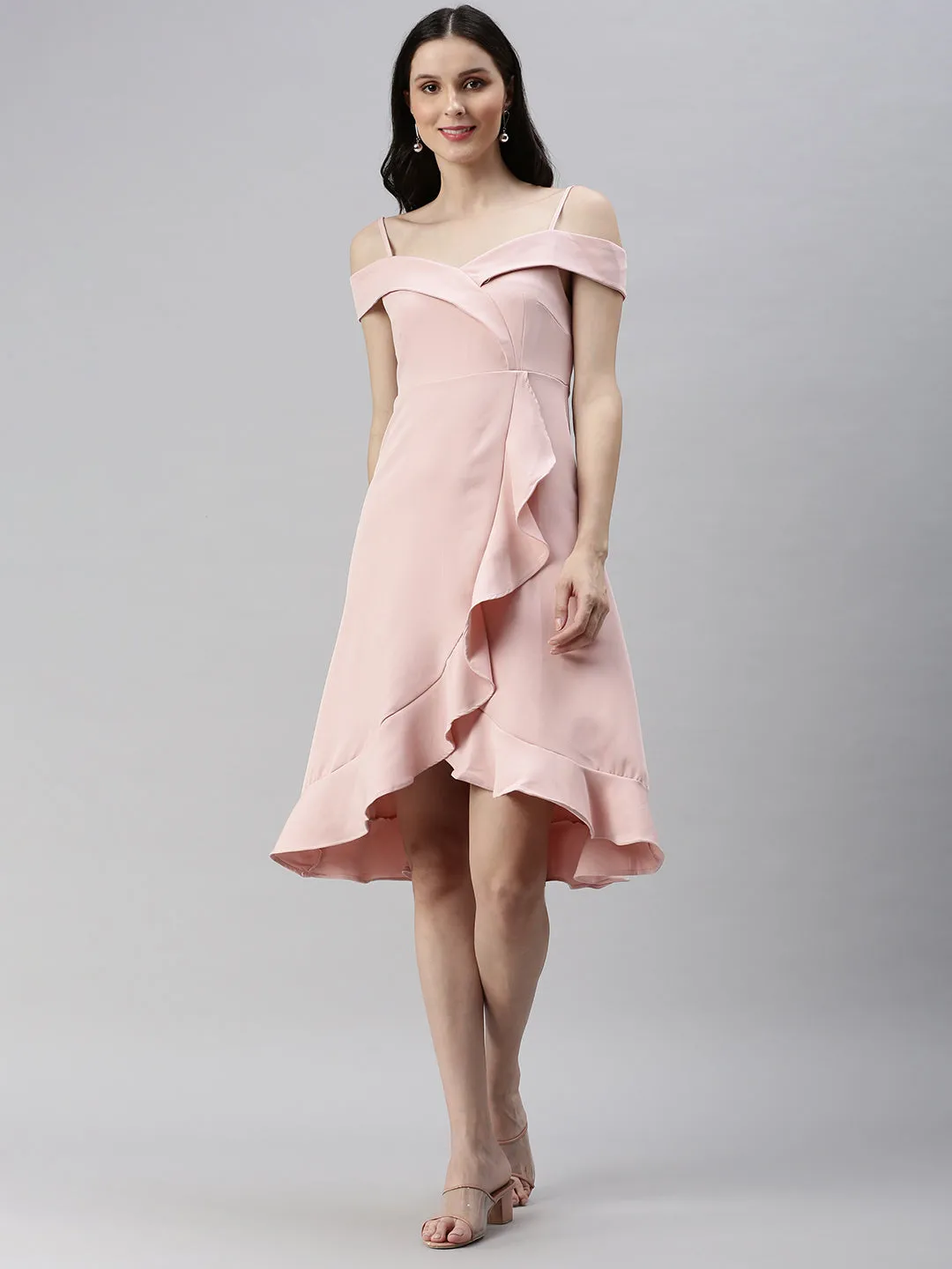 Women Shoulder Straps Solid A-Line Pink Dress