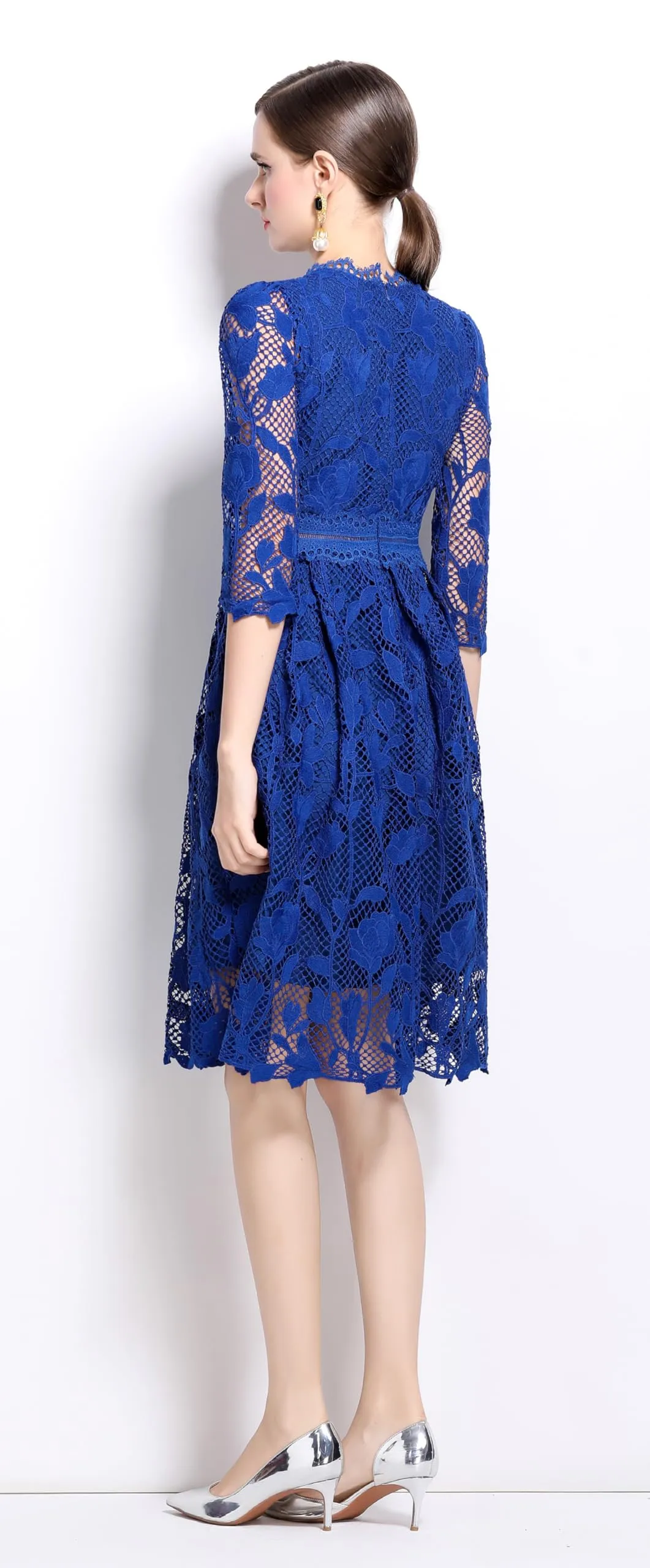 Womens Lace Floral Elegant Midi Dress